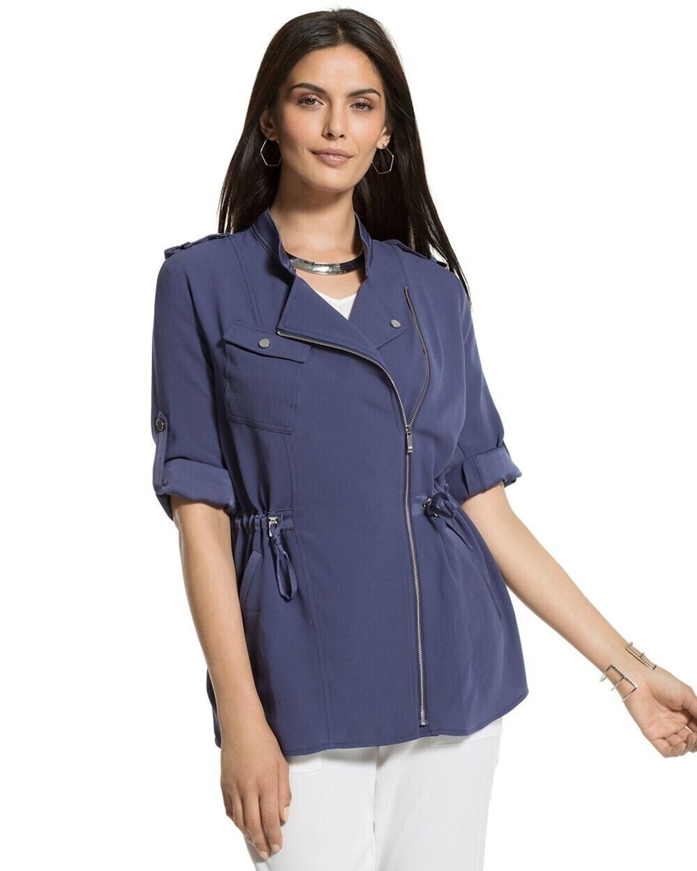 Chico's Navy Anorak Utility Jacket Women Size 2 Large Drawstring Waist